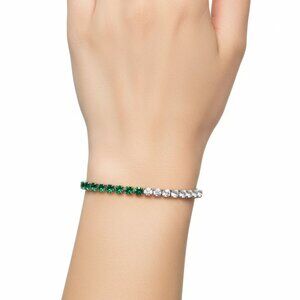 Delicate Green & Clear Rhinestone Tennis Bracelet Gemstones Silvertone